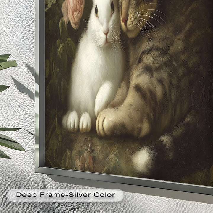 Cat and Rabbit in Floral Harmony - Animal Oil Painting