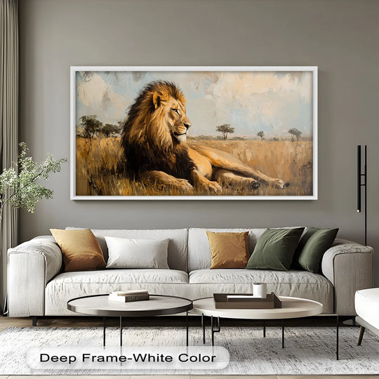 Highlighting the realistic detail, this oil painting wall art features a regal lion in golden plains, showcasing the rich texture and lifelike rendering of the wildlife scene.