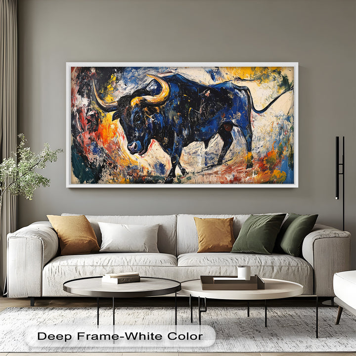 Fierce Blue Bull in Motion – Abstract Oil Painting