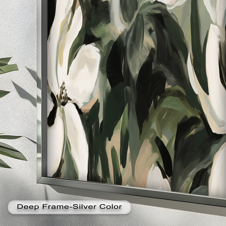 Cream Blooms in Forest Green - Flower Oil Painting