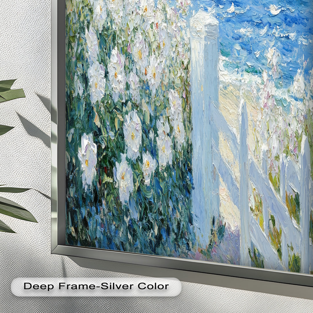 White Rose Garden with Sailboats – Impressionist Oil Painting