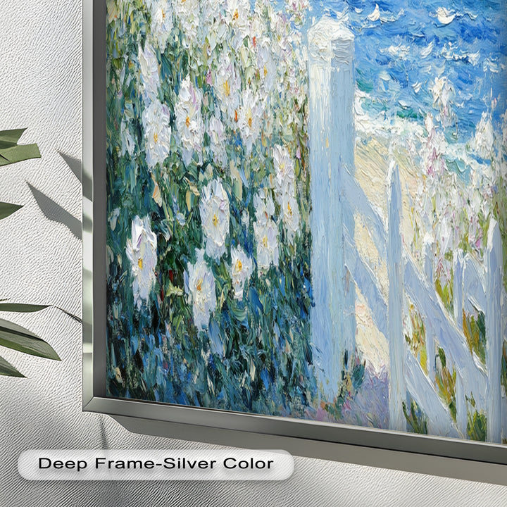 White Rose Garden with Sailboats – Impressionist Oil Painting