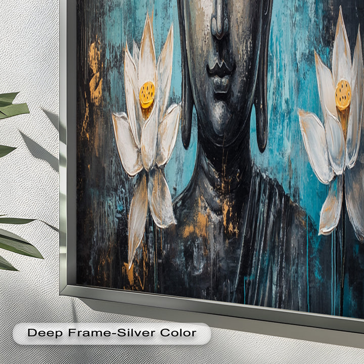 Teal Buddha with Lotus Flowers – Religious Oil Painting