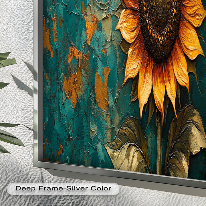 Sunflower on Textured Teal - Flower Oil Painting