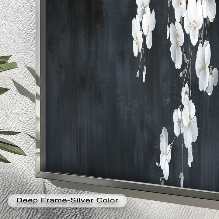 White Cherry Flowers on Midnight Blue - Flower Oil Painting