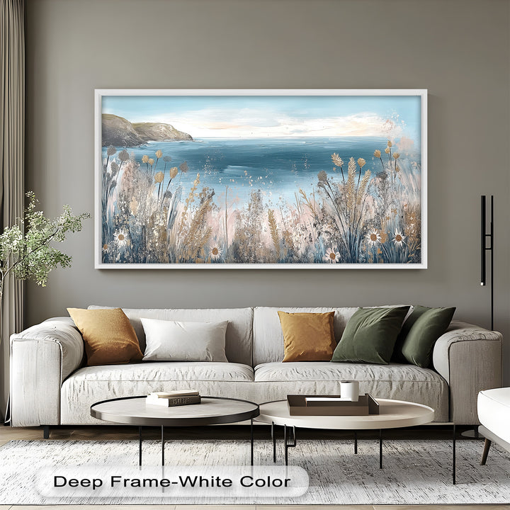 Wildflower Coastal View Landscape - Framed Oil Painting