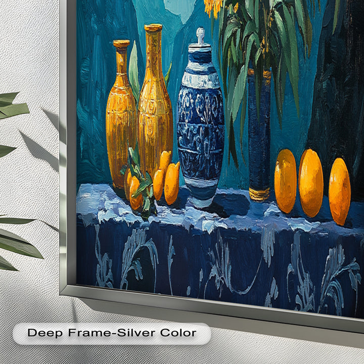 Blue & Yellow Vase Citrus Still Life – Framed Oil Painting