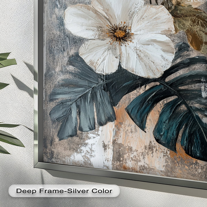 White Bloom and Tropical Leaves - Flower Oil Painting