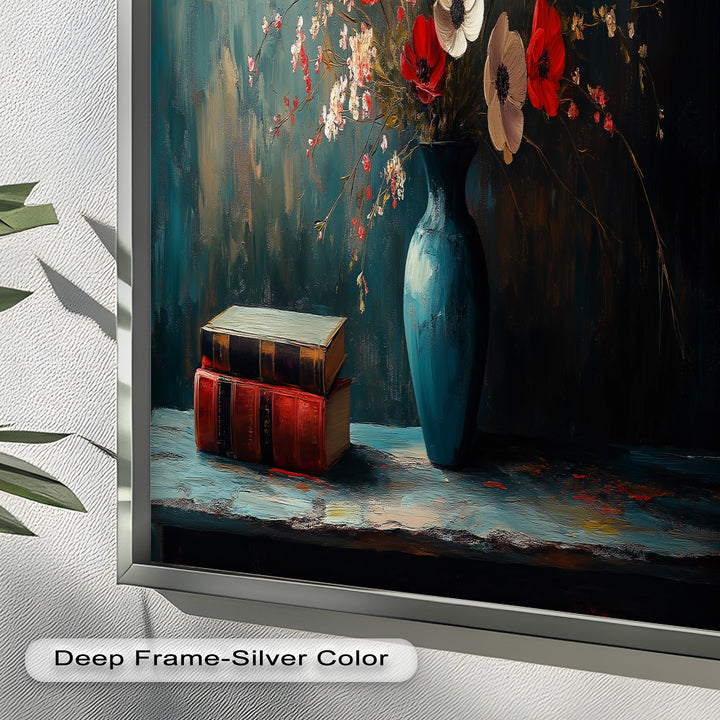 Vibrant Floral Vase with Books – Botanical Oil Paintings