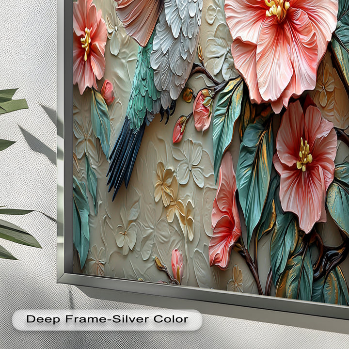 Spring Hummingbird with Pink Flowers – Framed Oil Painting