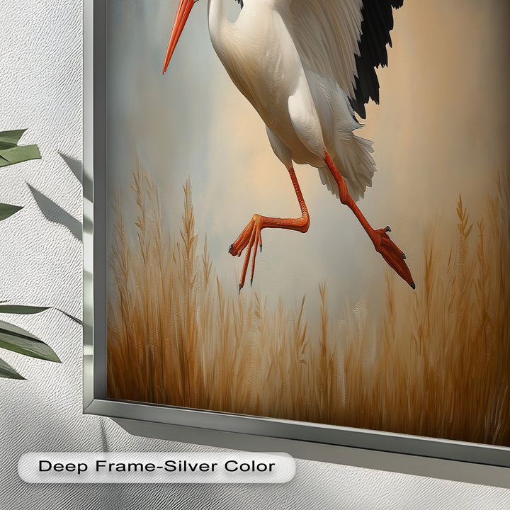 Stork in Flight over Golden Grasses – Animal Oil Painting