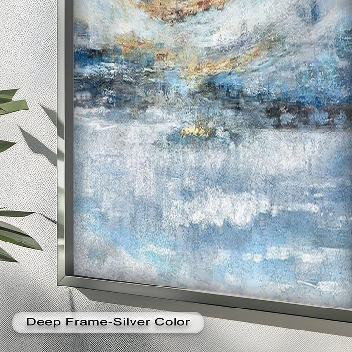 Abstrakte blaue gerahmte Kunst – Modernes expressionistisches Ölgemälde