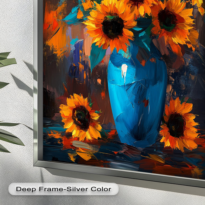 Sunlit Joy – Bold Sunflowers in Blue Vase Oil Painting