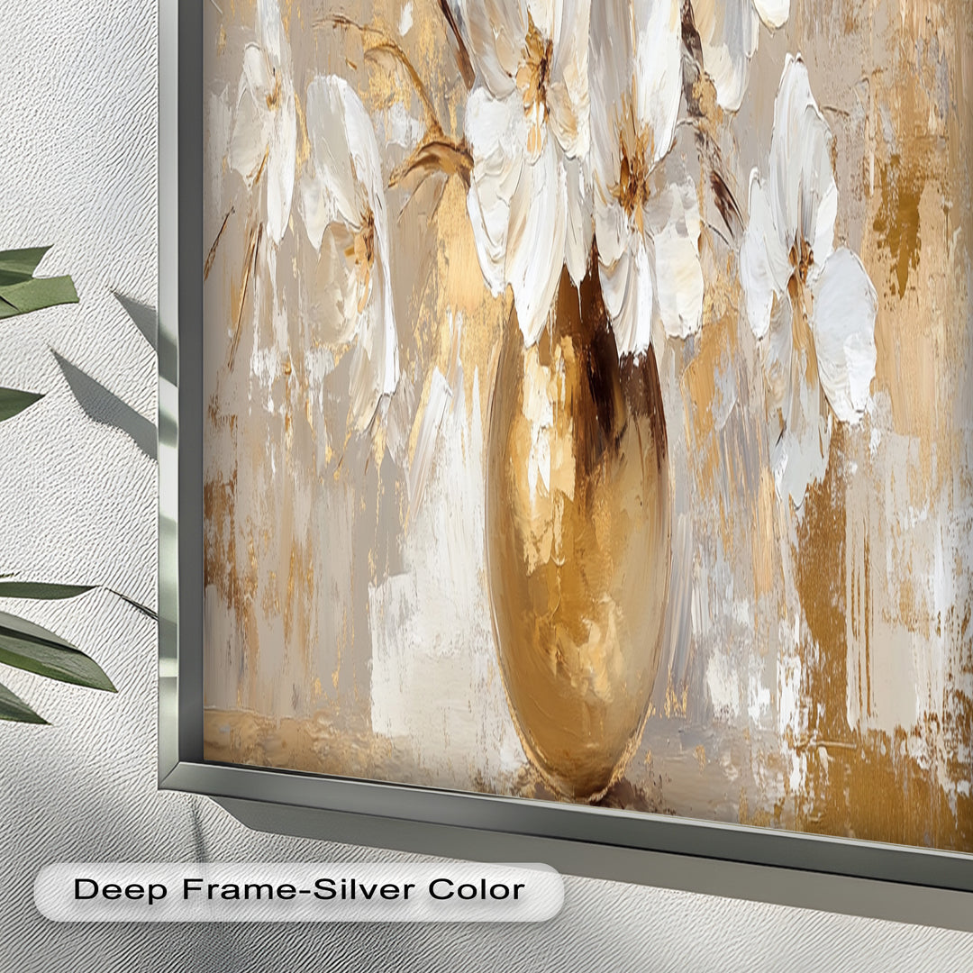 Golden Vase with White Florals – Flower Oil Painting