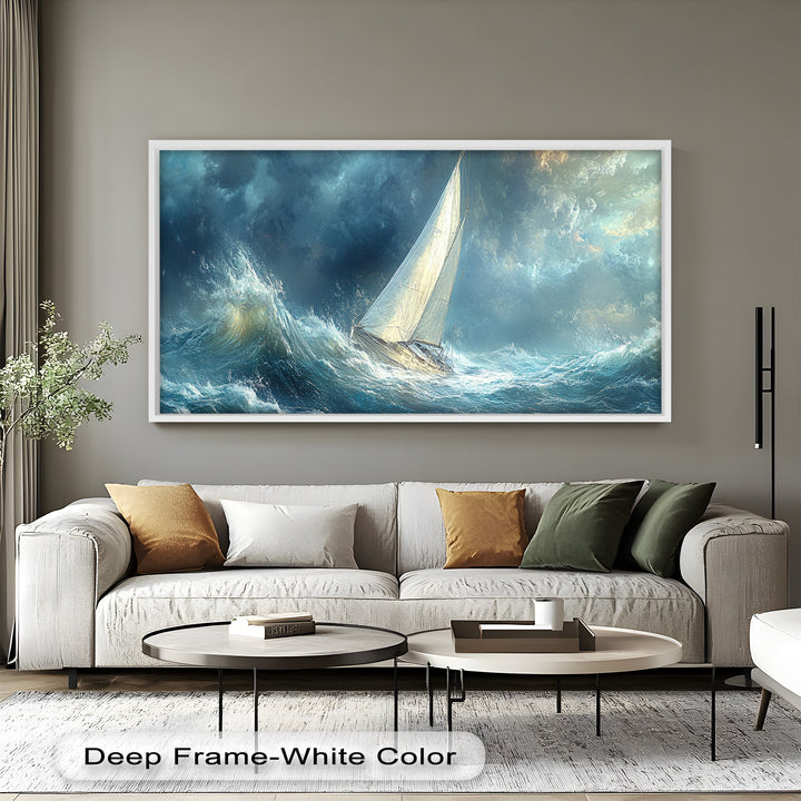 Into the Surge – Sailboat Battling Ocean Waves Oil Painting
