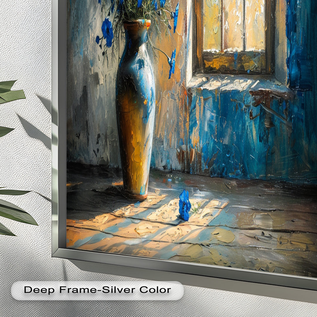 Blue Flowers in Vase – Rustic Still Life Oil Painting