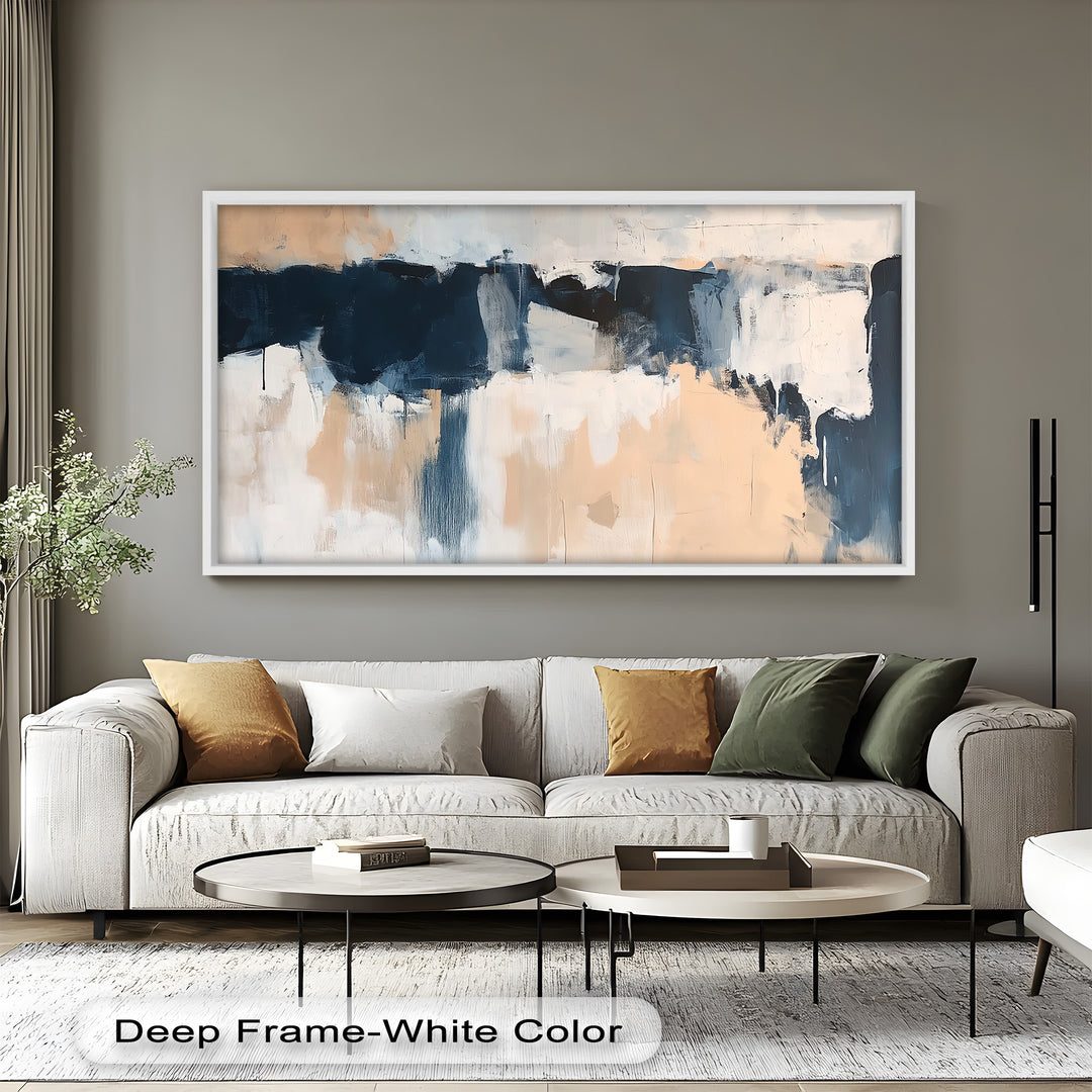 Coastal Horizon – Neutrales, marineblaues, abstraktes Ölgemälde