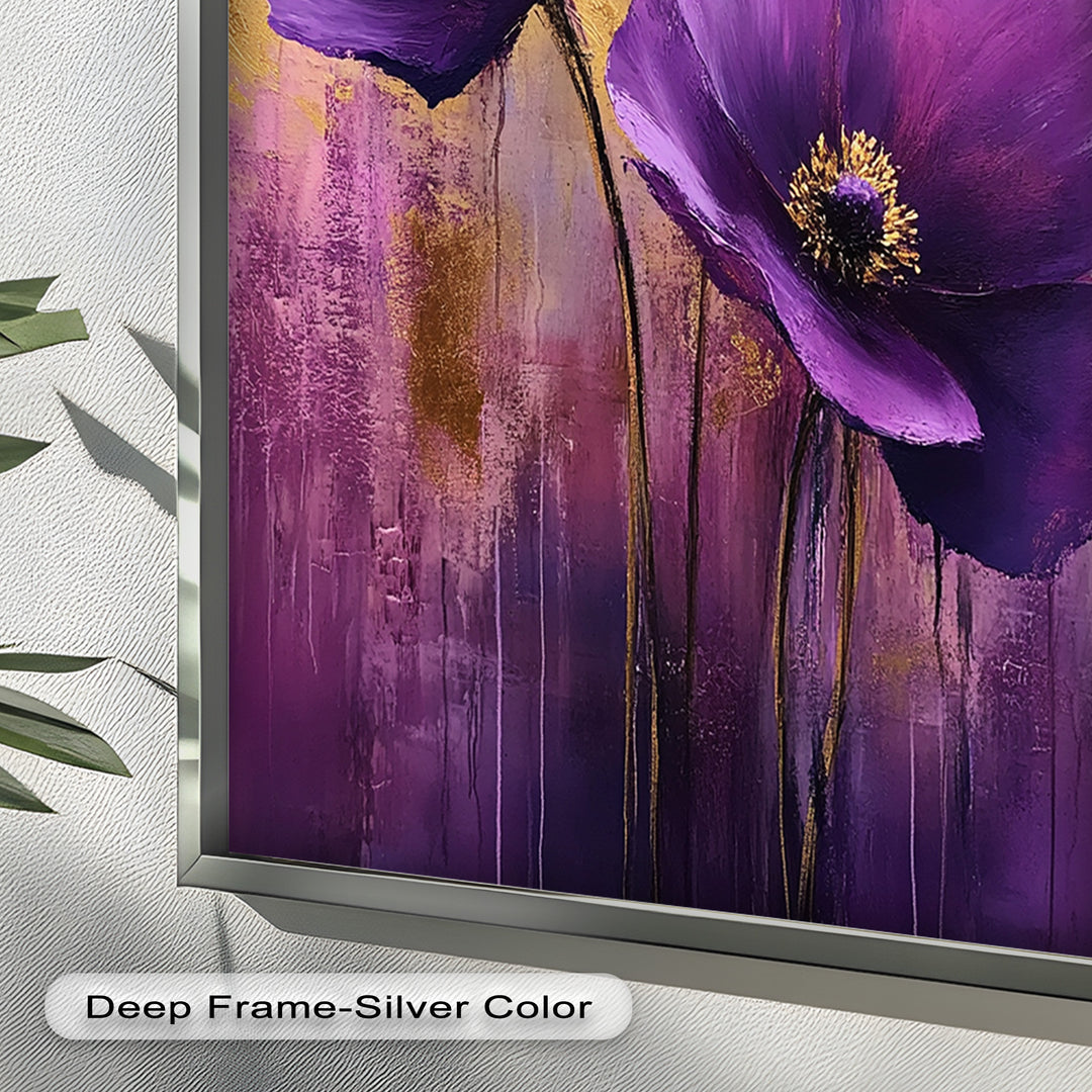 Velvet Blossoms – Purple Floral Elegance with Gold Flower Oil Painting