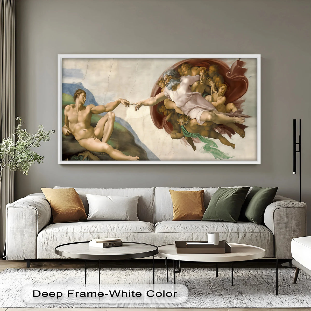 Exhibiting the realistic detail of a classical masterpiece, the displayed Creation of Adam is a Renaissance-era oil painting art piece.