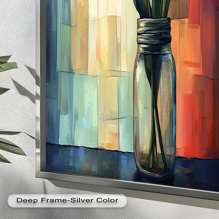 Red and Orange Tulips in Glass Vase – Bold Floral Oil Painting