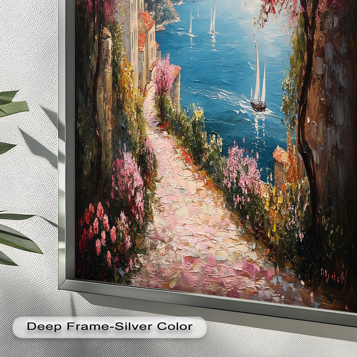 Incredible Sea Street & Spring Blossoms – Coastal Charm Oil Painting