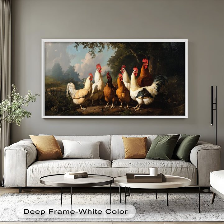 Roosters and Hens in a Countryside Clearing - Animal Oil Painting