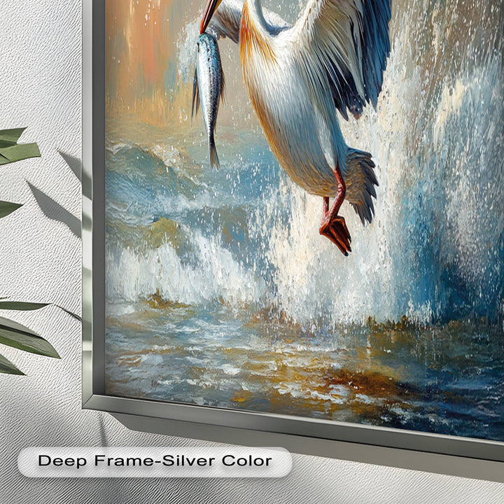 Pelican Catching Fish in Ocean Surf – Animal Oil Painting