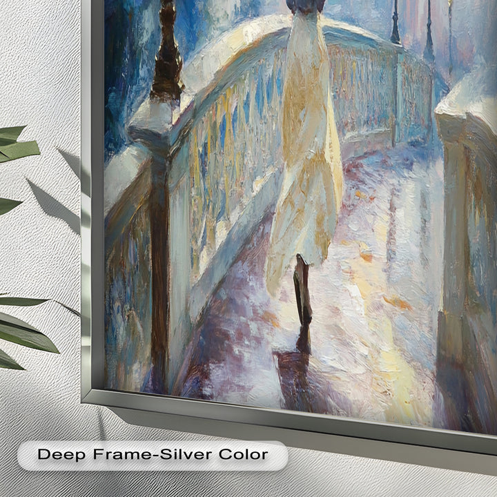Woman with Umbrella on Cobblestone Bridge – Oil Painting