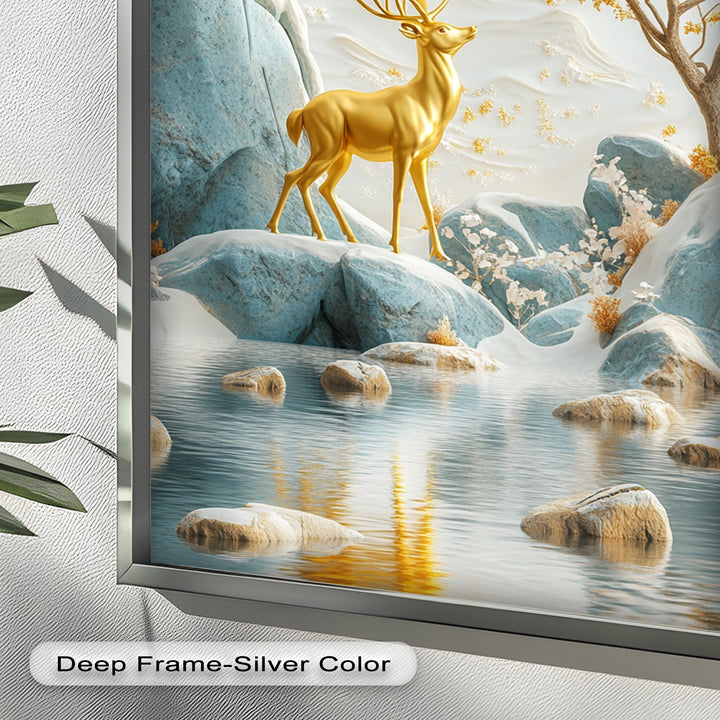 Golden Deer in Snowy Mountain - Animal Oil Painting
