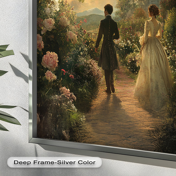 Victorian Lovers at Twilight – Romantic Garden Walk Oil Painting