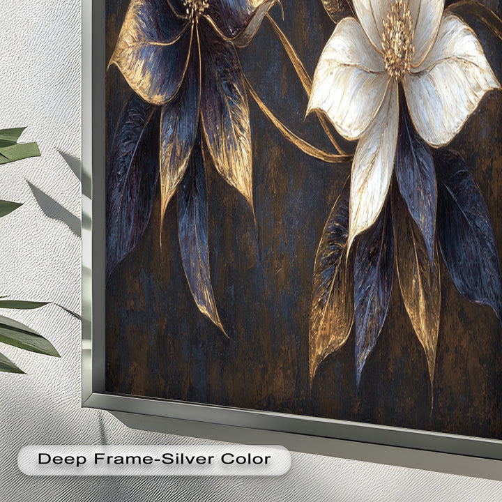 Blue Floral Stained Art – Botanical Oil Painting