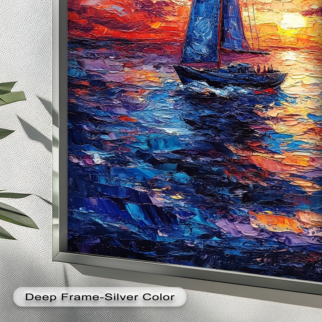 Crimson Horizon – Sunset Voyage Boat Oil Painting