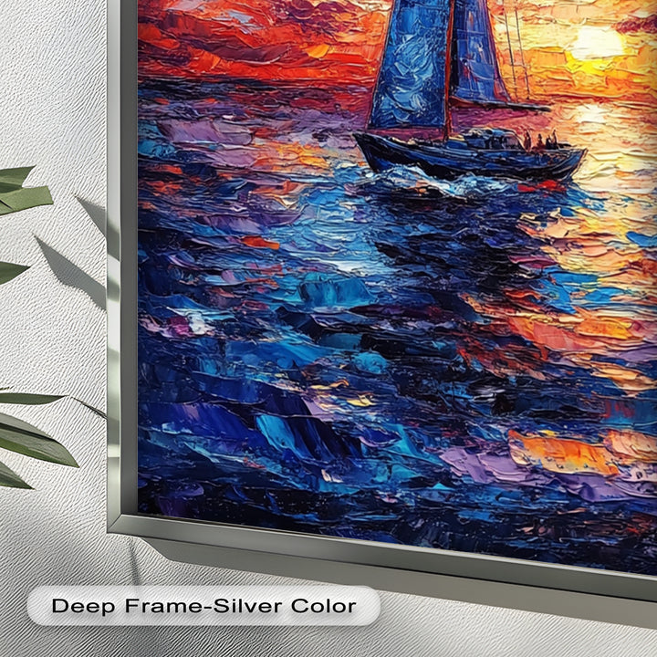 Crimson Horizon – Sunset Voyage Boat Oil Painting