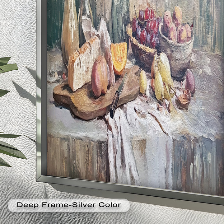 Rustic Fruit & Bread Still Life – Framed Oil Painting