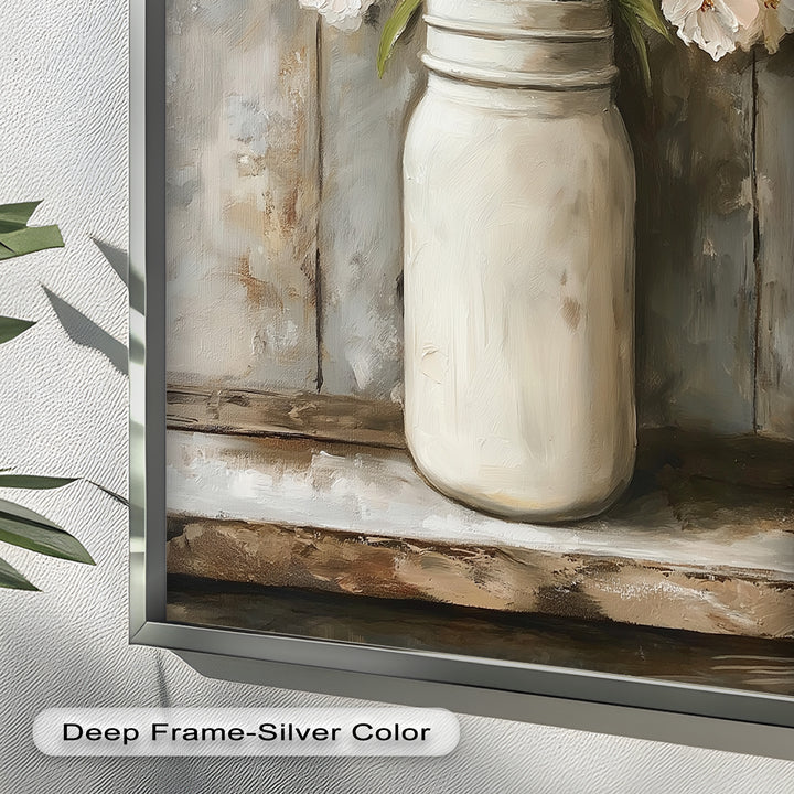 Blush & Cream Blooms – Rustic Mason Jar Flower Oil Painting