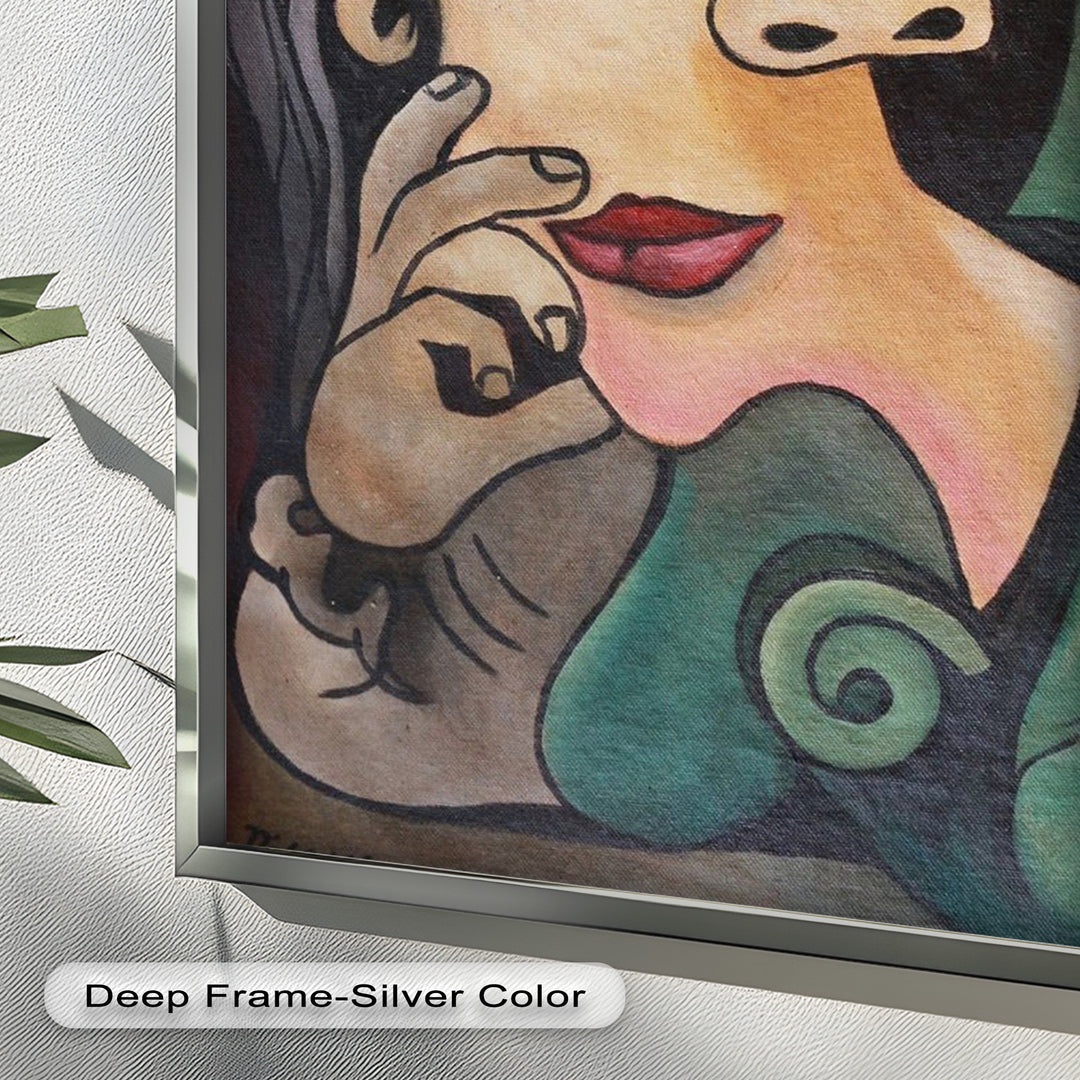 Whimsical Bloom – Surreale Frau mit gelber Blume Picasso Ölgemälde