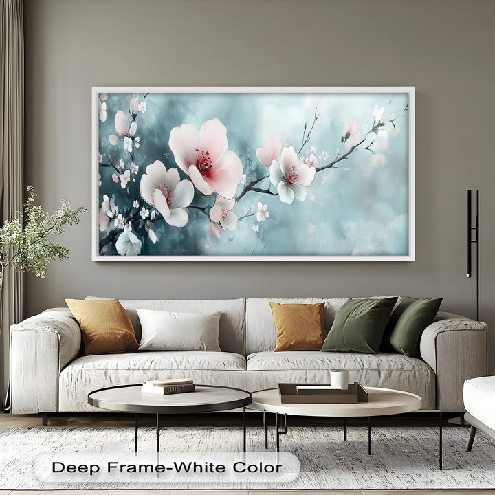 Soft Pink and White Petals on Tranquil Blue - Flower Oil Painting
