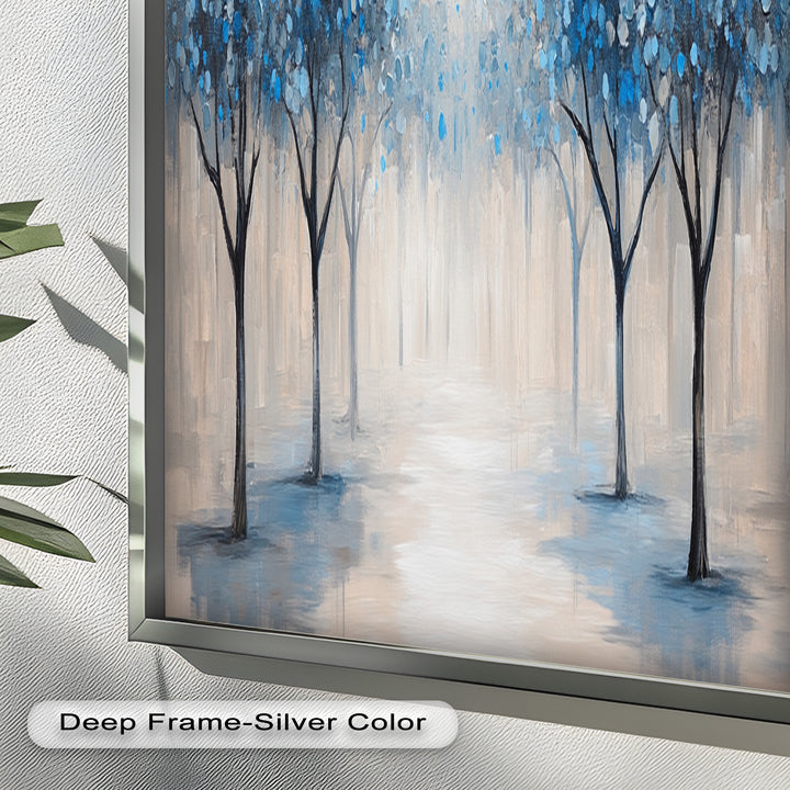 Misty Blue Blossom Trees Wall Art – Floral Oil Painting