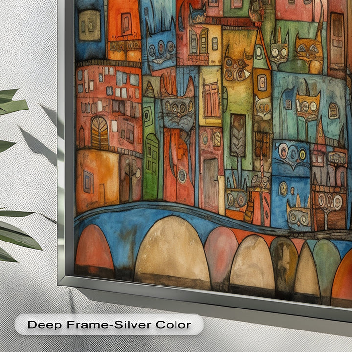 Whimsical Cat Cityscape – Surreal Architecture and Feline Picasso Oil Painting