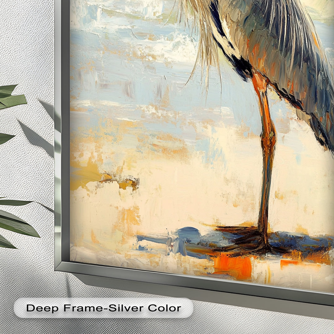 Elegant Heron Standing on Shoreline – Framed Oil Painting