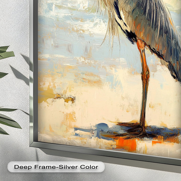 Elegant Heron Standing on Shoreline – Framed Oil Painting