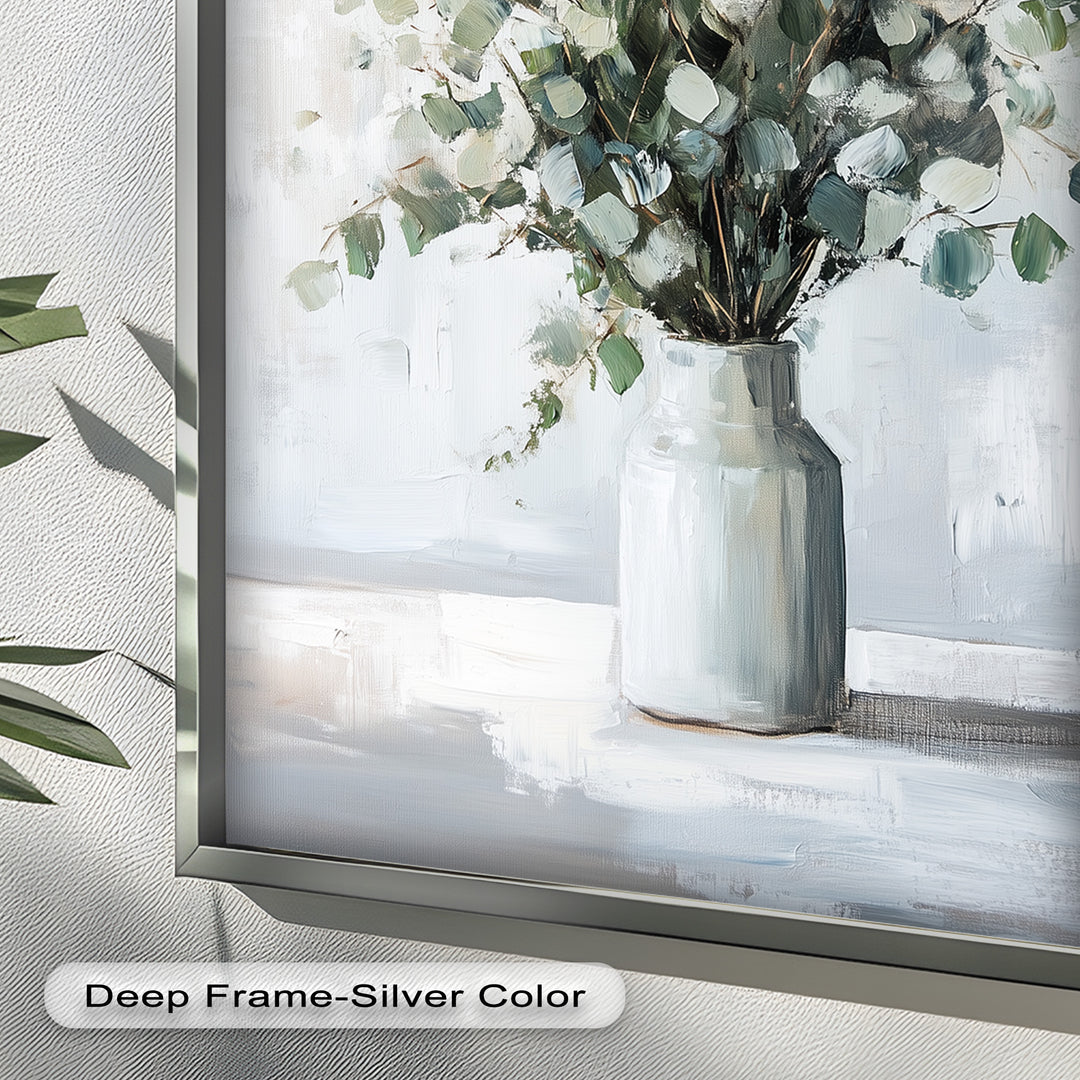 Eucalyptus Essence – Minimalist Greenery in Ceramic Vase Oil Painting