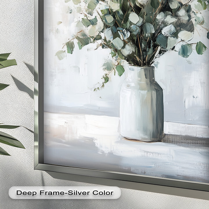 Eucalyptus Essence – Minimalist Greenery in Ceramic Vase Oil Painting
