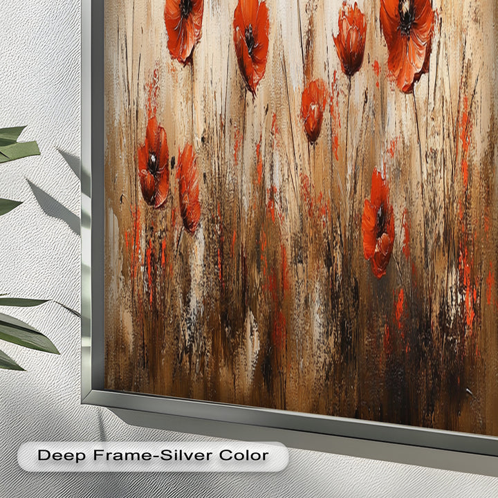 Fiery Meadow – Scarlet Poppies in Earth-Toned Field Flower Oil Painting