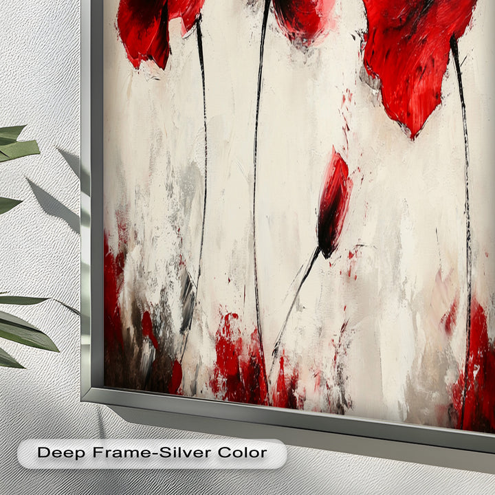Crimson Elegance – Bold Red Poppies on Cream Flower Oil Painting