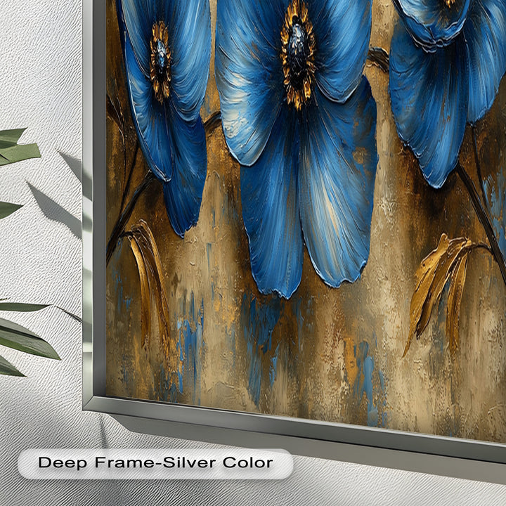 Golden Beige Elegance – Royal Blue Floral Trio Flower Oil Painting