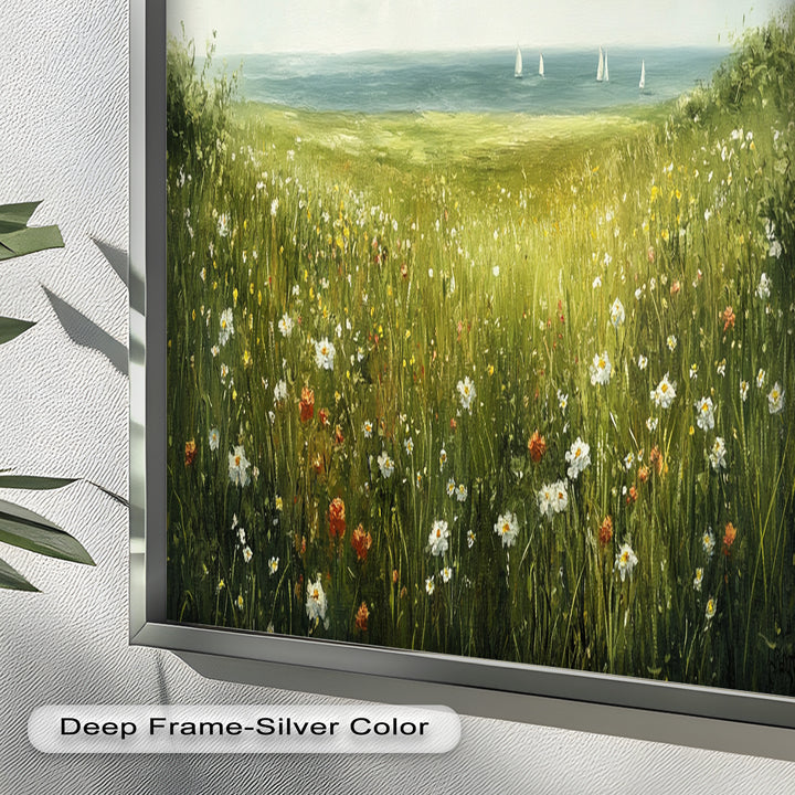 Wildflower Meadow Sea View Wall Art–Coastal Oil Painting