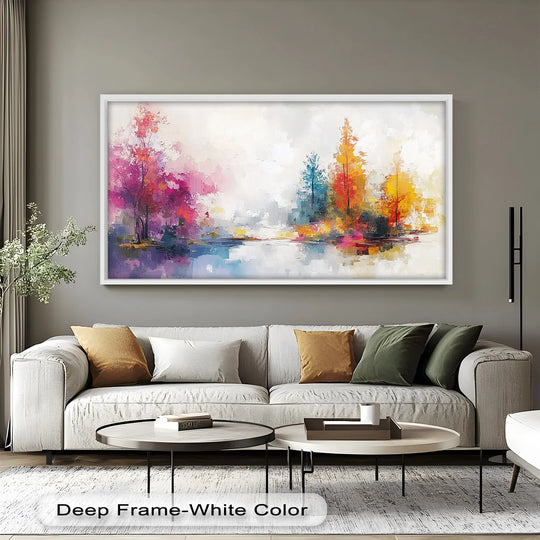 The stillness of the water reflects the trees in this dreamy, colorful landscape, enhanced as oil painting home decor with bold hues in an abstract design.