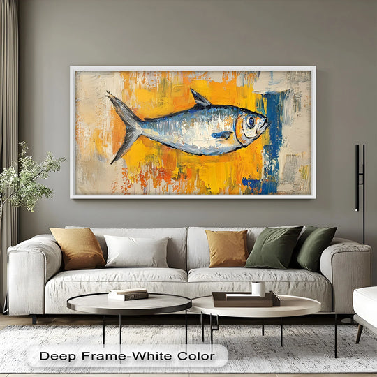 Dominant yellow highlights the vibrant hues in this fish oil painting art prints, illuminating the energetic blue of the marine life against an abstract background.