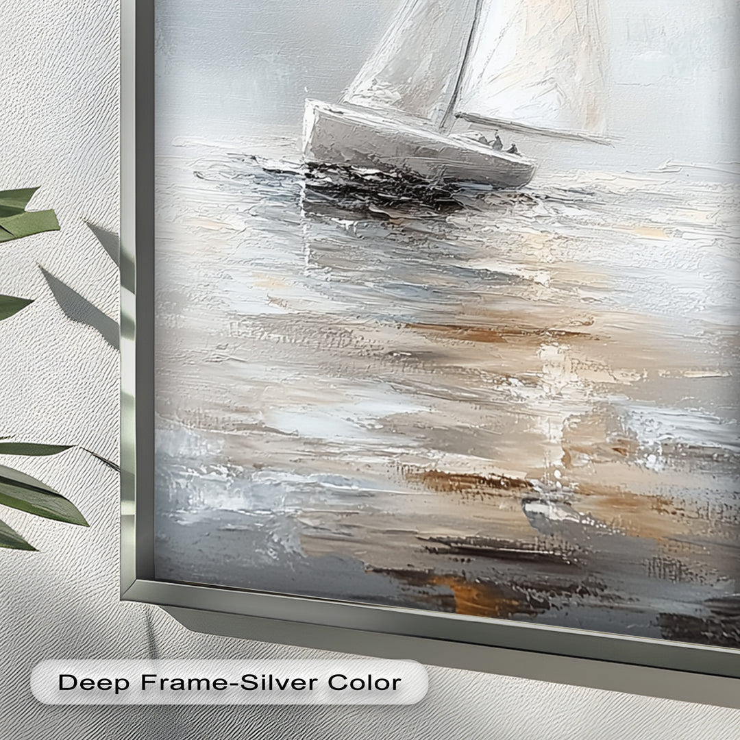 Sailing Through the Mist – White Boat Oil Painting